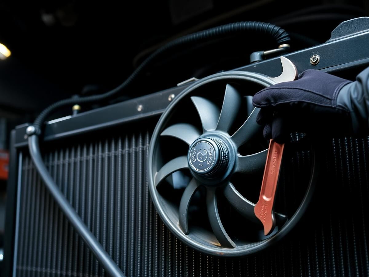 Close-up of a radiator and cooling fan being serviced