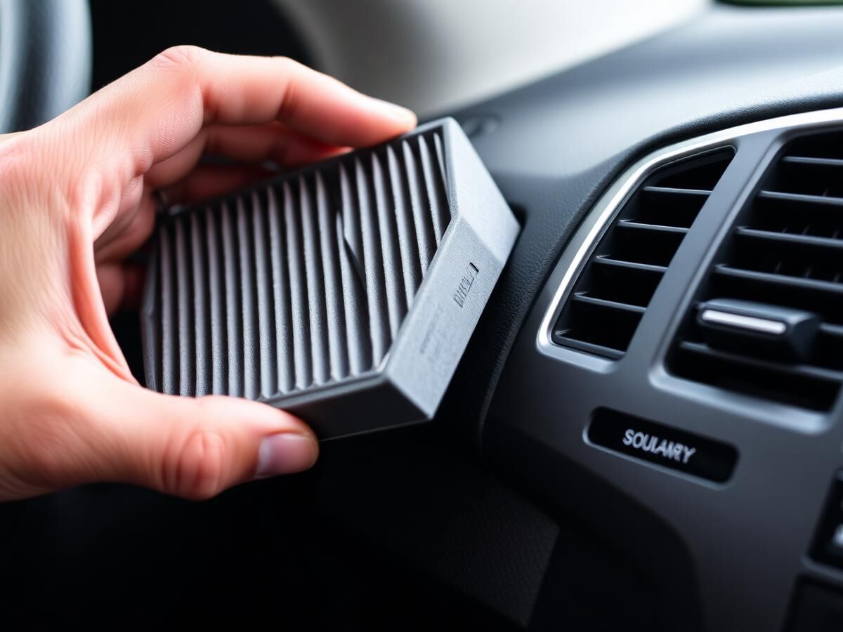 Hands holding a cabin air filter beside a dashboard vent