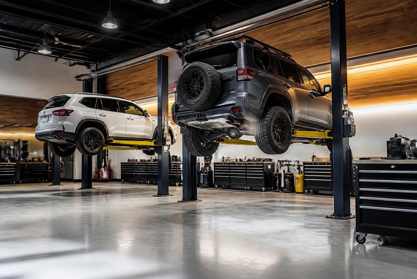 Two vehicles on lifts inside the Copperline Auto Climate service bay in Troy, Michigan